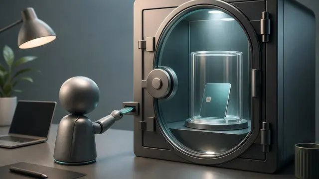 A small AI agent terminal is allowed into a glass vault by a token while the password key remains sealed inside a clear protective capsule.