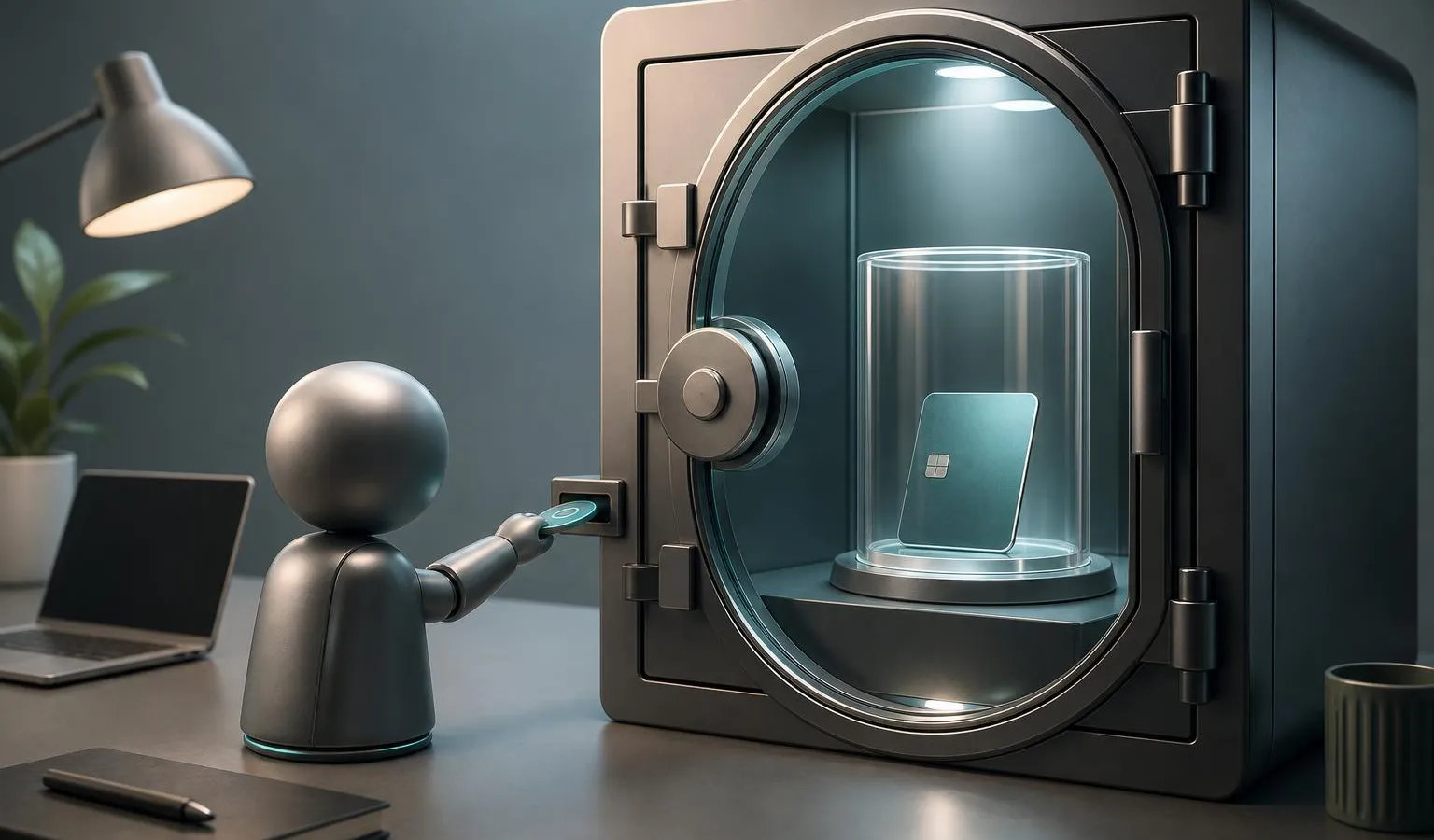 A small AI agent terminal is allowed into a glass vault by a token while the password key remains sealed inside a clear protective capsule.