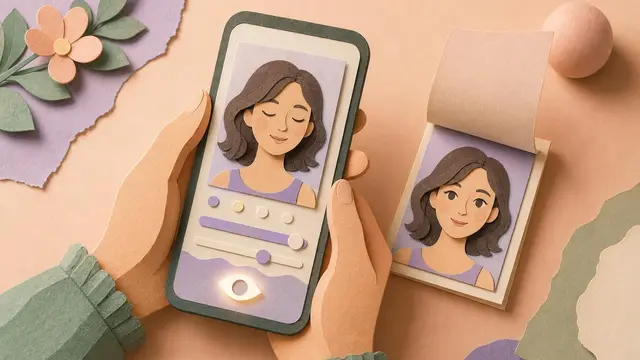 Anonymous hands edit a portrait on a phone while a paper-cut eye button transforms closed eyes into open eyes in a playful before-and-after collage.