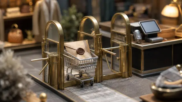 A miniature shopping cart carrying a sealed instruction token passes through layered security gates in a warm tilt-shift diorama.