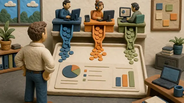 A claymation office scene where token-like beads flow from different workstreams into a central cost report, showing how spending maps to team output.