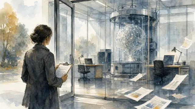 An anonymous evaluator with a clipboard studies a transparent AI lab while reports slip out into the open, symbolizing independent scrutiny and public findings.