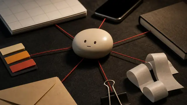 A central pebble-like assistant on a dark desk quietly organizing blank calendar pages, receipts, a phone, and office tools connected by thin threads.