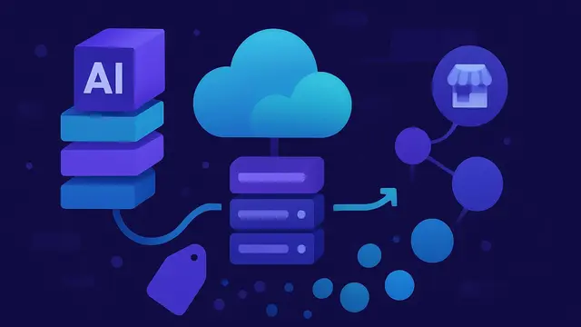 Abstract AI workflow blocks moving through cloud servers with token shapes