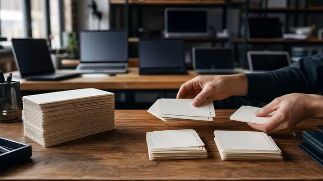 An anonymous engineer’s desk shows one large pile of task cards divided into several smaller stacks, with laptops in the background suggesting cheaper, wider AI access.