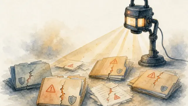 An automated scanner shines over open-source project folders and paper code sheets, revealing vulnerability markers and alert symbols in a loose watercolor editorial scene.