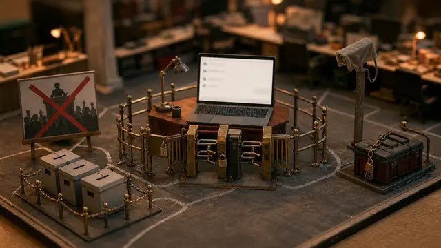 A tiny miniature laptop is surrounded by guardrails, ballot boxes, a covered camera, and other blocked-off items in a warm tilt-shift diorama.