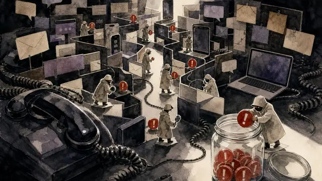 Tiny undercover decoy figures gather scam warning clues inside a dark maze of phone cords, envelopes, and forum notes, with the collected signals محفوظ in a glass jar.