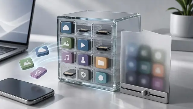 A sleek desk scene shows a phone and laptop beside a glass memory archive and a frosted privacy gate that blocks some app tiles while letting others through.