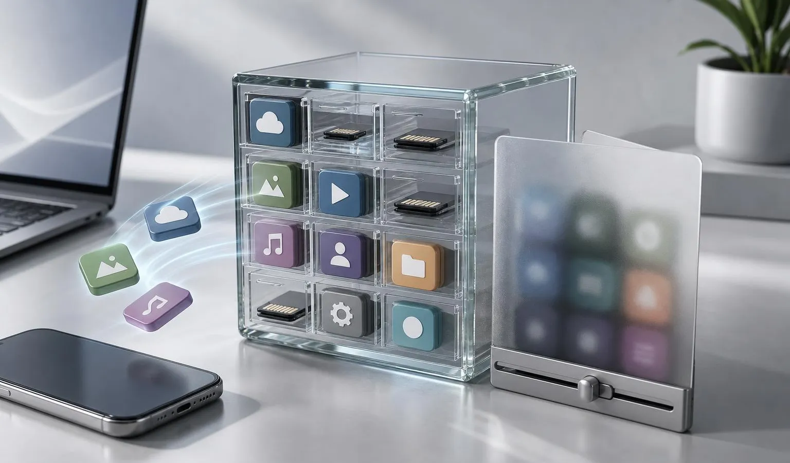 A sleek desk scene shows a phone and laptop beside a glass memory archive and a frosted privacy gate that blocks some app tiles while letting others through.