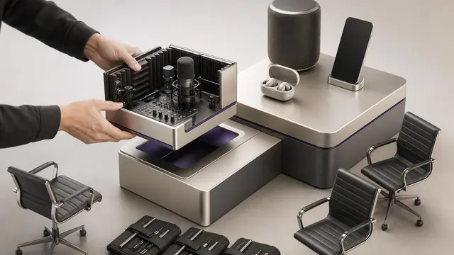 A small audio workshop module is being integrated into a larger unbranded device ecosystem, with empty chairs suggesting a startup team joining a bigger company.