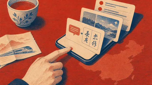 A generic smartphone on a red desk in China with paper-cut style cards showing translation, photo cleanup, and notification summary effects.