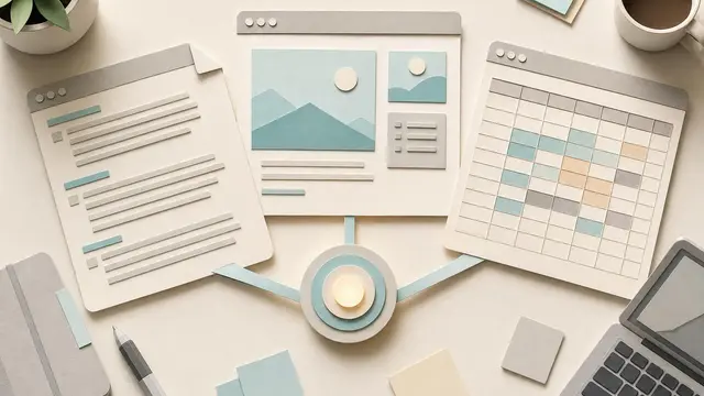 A paper-cut collage shows a glowing assistant node linking a writing page, a slide, and a spreadsheet on a clean desk.