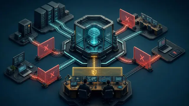 An isometric security control room shows attack data routed through a guarded AI core, with some paths blocked and others sent to human review.