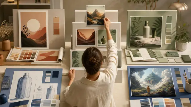 A clean studio desk shows four different image-generator workstations with printed visual concepts, while anonymous hands rank the best result on a central display.