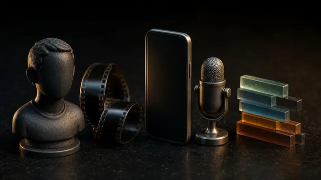 A dramatic close-up of five physical objects representing different AI video tools, lit by a single rim light on a dark background.