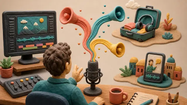 A claymation creator at a desk shapes one recorded voice into three paths for dubbing, localization, and voiceovers under soft studio light.