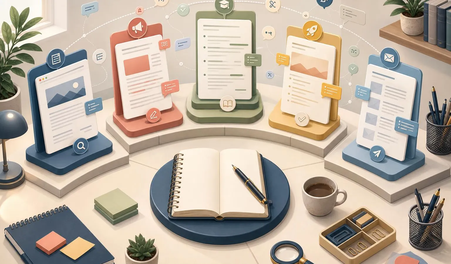 An isometric workspace shows five ranked writing stations with documents, editing symbols, and workflow elements representing different AI writing tools for creators, marketers, students, and GTM team
