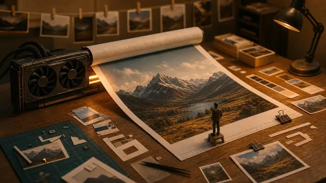 A tiny graphics card in a miniature studio powers a large high-resolution canvas surrounded by reference photo cards and editing tools.