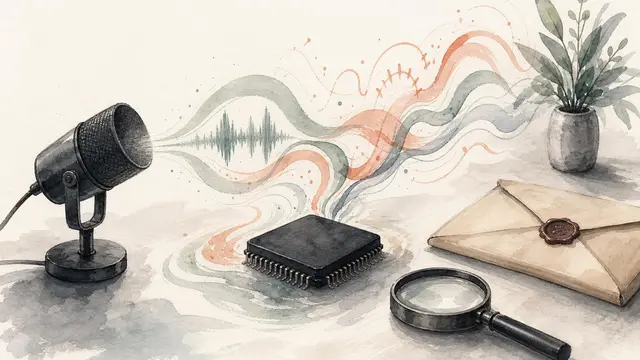 An abstract AI chip receives flowing speech-wave ribbons from a microphone, with a magnifying glass and sealed envelope suggesting security review before release.