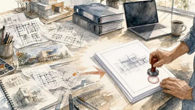 An architecture desk where scattered sketches and plans become a neat permit-ready stack as an anonymous hand adds a red approval seal.
