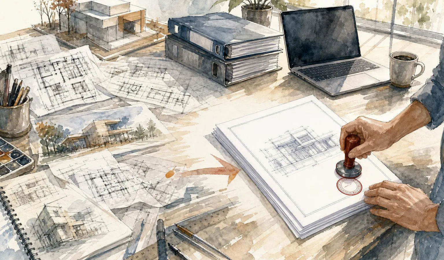 An architecture desk where scattered sketches and plans become a neat permit-ready stack as an anonymous hand adds a red approval seal.