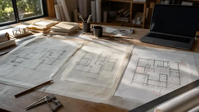 A sunlit architect’s drafting table shows a rough sketch transforming into clean permit-ready construction drawings beside rulers, calipers, and a generic laptop.