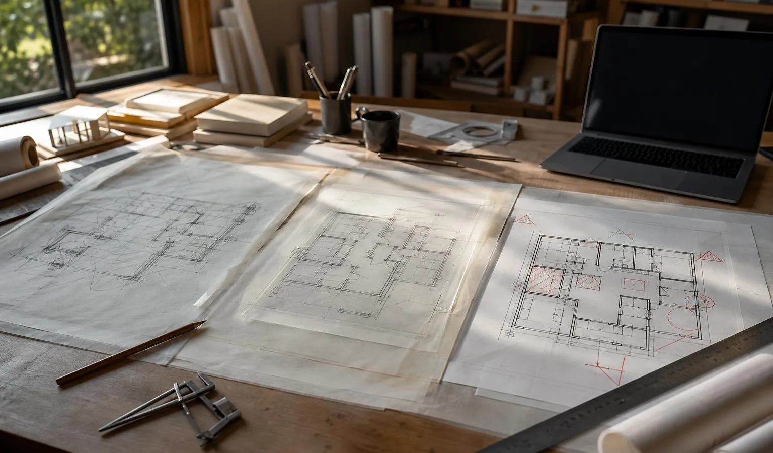 A sunlit architect’s drafting table shows a rough sketch transforming into clean permit-ready construction drawings beside rulers, calipers, and a generic laptop.