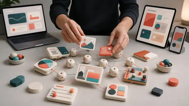 Anonymous hands assemble modular web, quiz, poll, and game pieces into a connected network of nodes on a clean studio table.