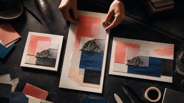 A designer’s hands assemble one image into layered paper mockups for a post, poster, and presentation card on a dark table.