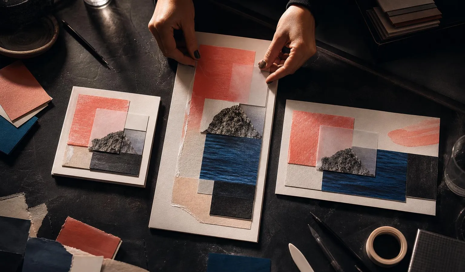 A designer’s hands assemble one image into layered paper mockups for a post, poster, and presentation card on a dark table.