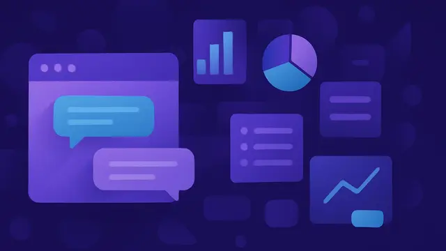Abstract chat interface with interactive charts, buttons and visual panels