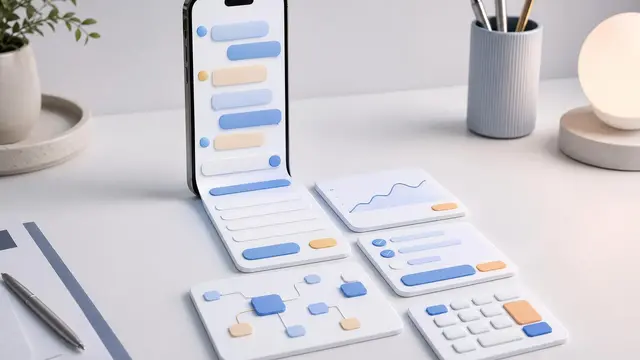 A smartphone on a clean desk projecting tactile chat tools as neatly arranged cards, charts, forms, and buttons spreading across the surface.