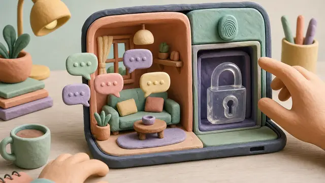 A claymation desk scene shows regular chat bubbles in the open and a hidden locked compartment of conversations secured behind a chunky padlock and fingerprint latch.