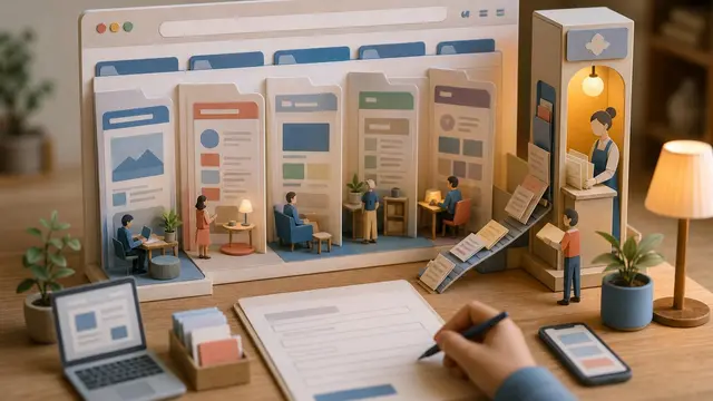 A miniature browser diorama with multiple open tabs feeding information into a glowing sidebar assistant while a small anonymous figure fills out a blank form.
