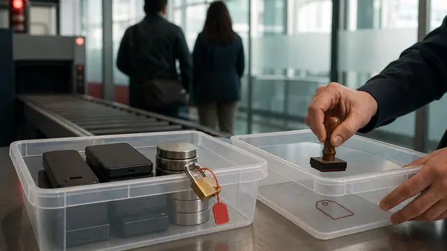 A customs checkpoint still life shows locked and unlocked containers of AI model weights, symbolizing tighter export controls and selective open-source release.