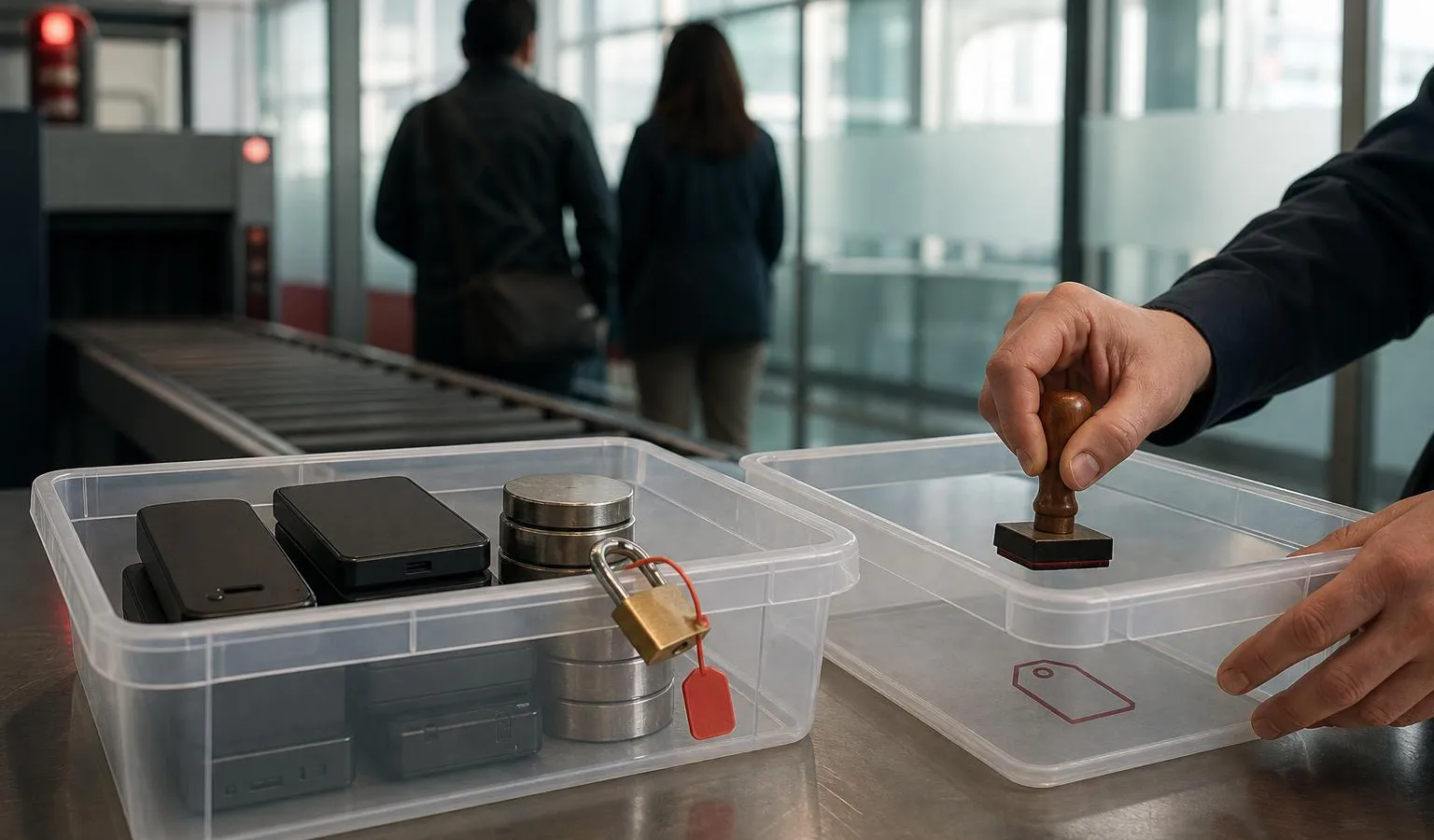A customs checkpoint still life shows locked and unlocked containers of AI model weights, symbolizing tighter export controls and selective open-source release.
