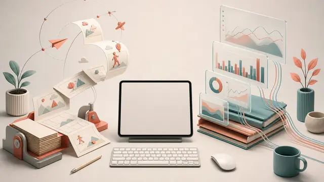 A split workspace shows a storyboard strip becoming an animation on one side and live-updating glass dashboards fed by business data on the other.