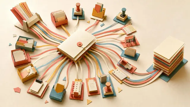 A paper-cut workflow diagram shows one central dispatch booklet splitting into many tiny task stations and reassembling into a finished stack, symbolizing coordinated parallel agents.