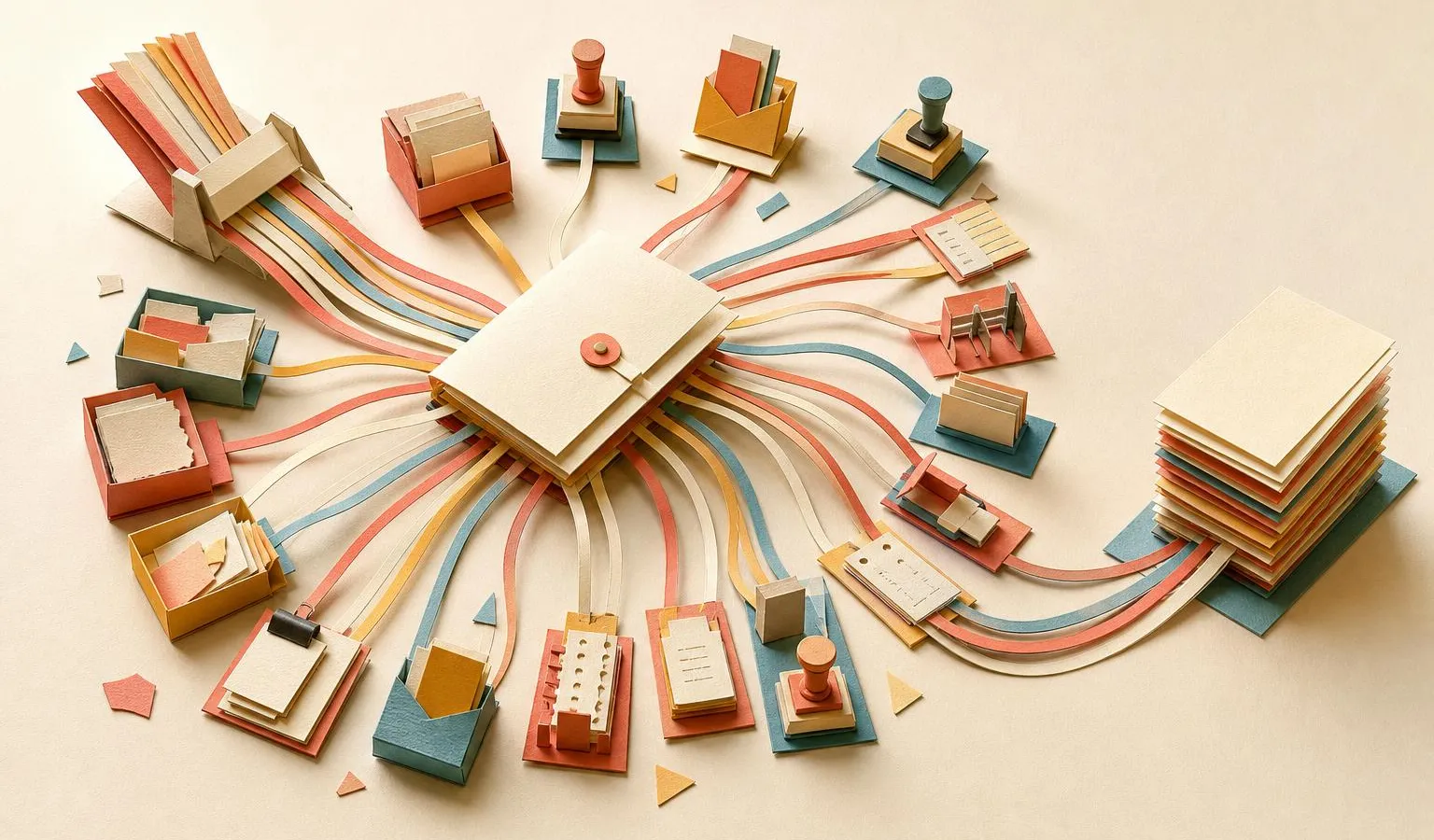 A paper-cut workflow diagram shows one central dispatch booklet splitting into many tiny task stations and reassembling into a finished stack, symbolizing coordinated parallel agents.