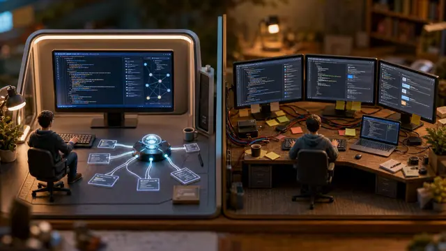 A miniature split-screen coding desk contrasts a focused all-in-one editor cockpit with a multi-window developer workspace connected across several generic monitors.