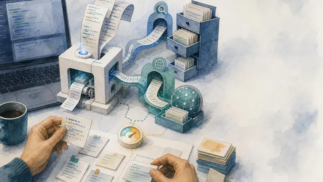 A compact coding agent routes code fragments through search and fetch paths while a small cost meter stays low, shown in a loose watercolor editorial scene.
