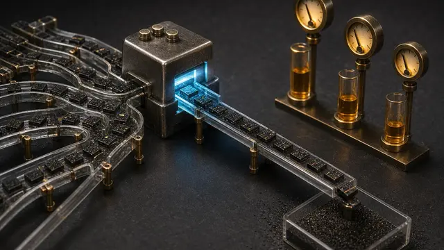 A compact metal engine routes code-like materials through a branching mini-maze while small cost gauges shrink in the dark background.