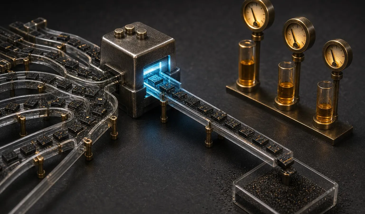 A compact metal engine routes code-like materials through a branching mini-maze while small cost gauges shrink in the dark background.