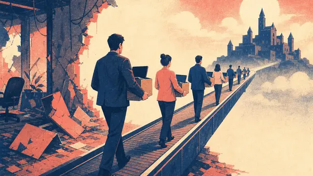 Anonymous employees carrying boxes cross from a collapsing startup office toward a distant castle-like corporate headquarters in a grainy risograph editorial illustration.