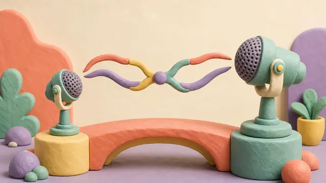 Two handmade clay microphones exchange colorful speech ribbons across a split bridge, suggesting faster real-time voice AI with small and large model options.