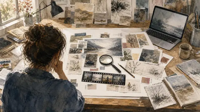 An anonymous researcher assembles layered image frames, video stills, and magnified crops on a desk, visualizing an AI model reasoning through images.
