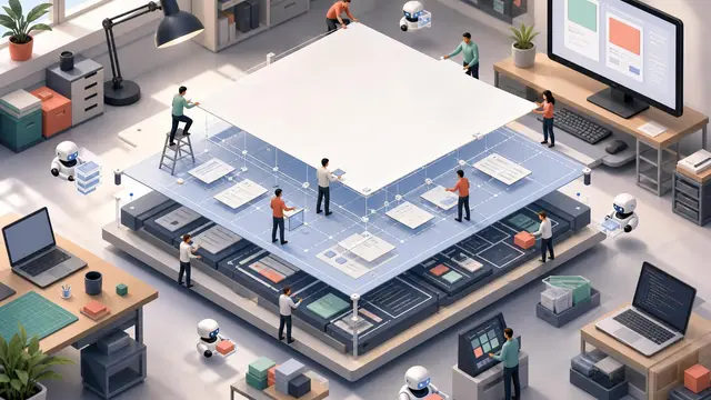 An isometric design studio shows a central canvas being built from spec sheets and code-backed prototype layers by tiny anonymous collaborators.