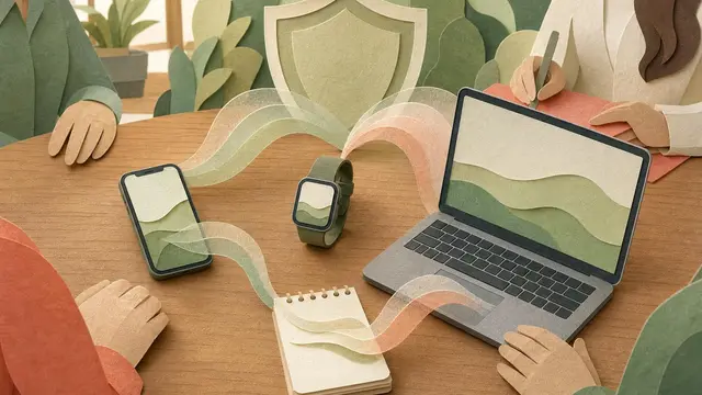 A collage-style meeting scene where a phone, laptop, and smartwatch exchange soft paper sound waves around a subtle privacy shield.