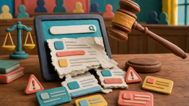 A clay courtroom scene where a judge’s gavel looms over a generic search tablet whose AI-generated answer cards spill out like legal evidence.